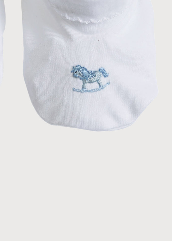Old Newborn Booties With Rocking Horse Embroidery Blue (0-3mths) KNITTED ACCESSORIES from Pepa London