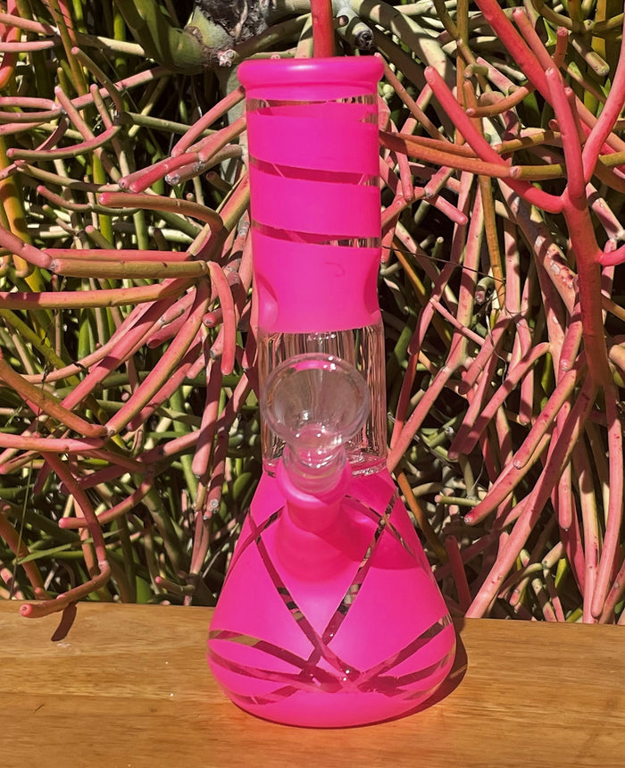 Pretty Pink Design 8" Beaker Bong Dome Perc Glass Slide in Stem w/Bowl