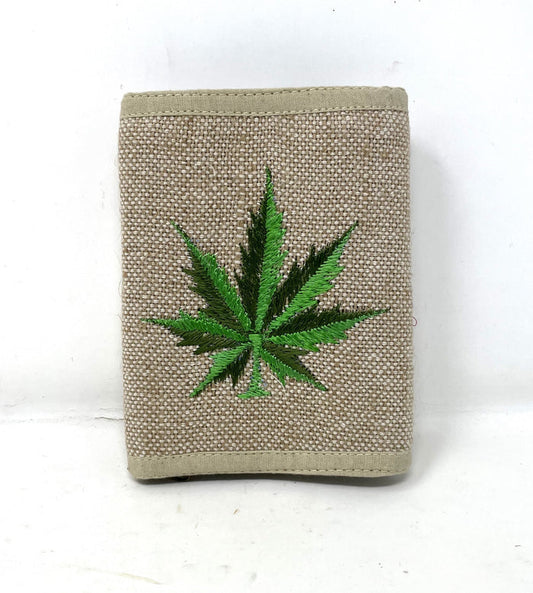 100% Pure Hem Unisex Wallet Embroidered Dark & Light Green Marijuana Leaf