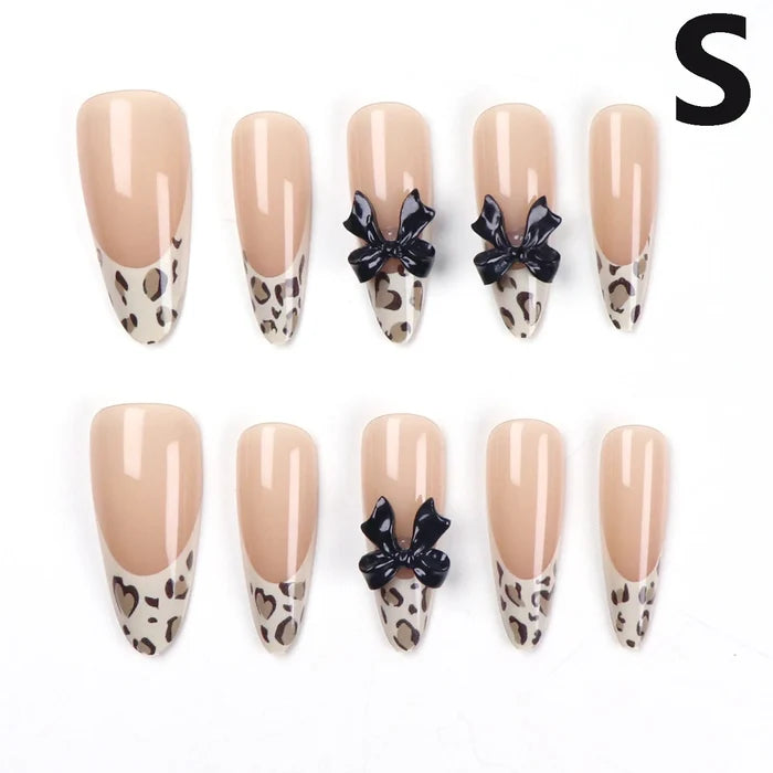 10pcs-XS/S/M French Almond Press on Nails Leopard Print False Nails 3D Bow Wearable Stick-on Nails Fake Nail