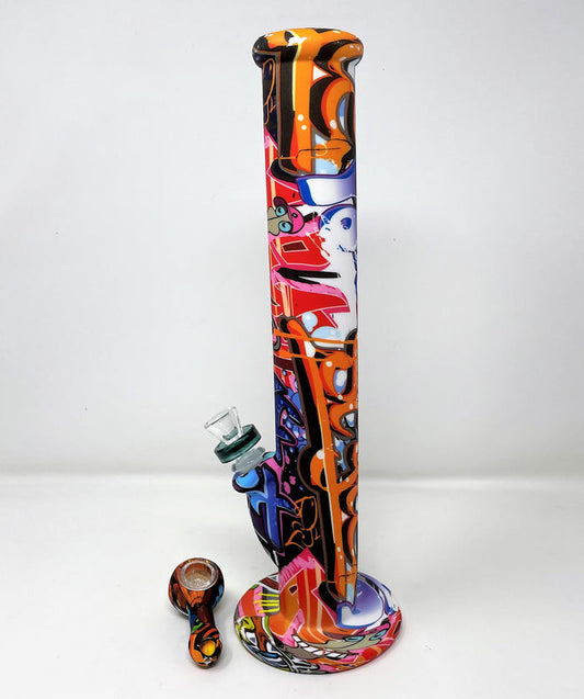 14" Cool Graphic - Thick Silicone Unbreakable Straight Bong includes 3" Silicone Hand Pipe & Bowl