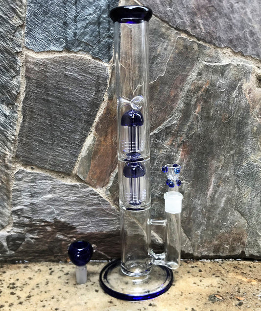16" Straight Thick & Heavy Glass Rig w/Double 8 Arm Tree Perc + 2 - 18mm Slide Bowls
