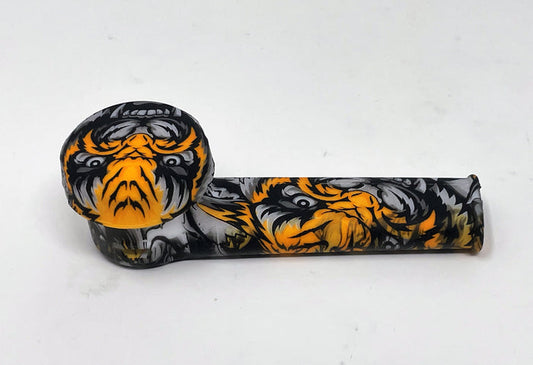 3.5" Silicone Hand Spoon Pipe w/Glass Bowl & Cap - Tiger Design