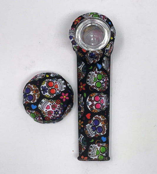 3.5" Silicone Hand Spoon Pipe w/Glass Bowl & Cap -Mardi Gras Skull Design
