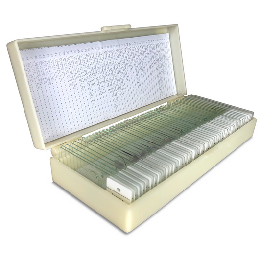 50 Prepared Microscope Slides Specimen Set, Plant Animal Human Anatomy Cells, SKU SL39901007, three quarter front view