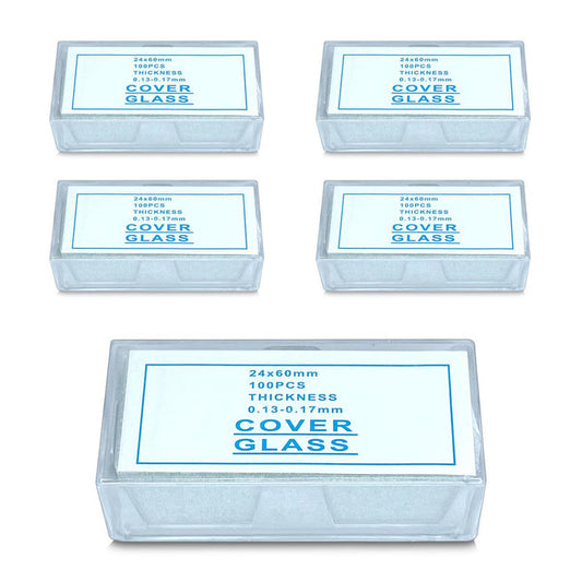 500 Glass Cover Slips (24x60mm Rectangular) for Microscope Slides, SKU SL39201005, three quarter front view