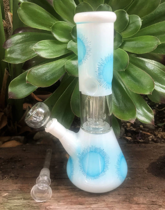 8" Beaker Dome Percolator Glass Water Bong Ice catchers 2-Slide Stem with Bowl - Blue Daiquiri