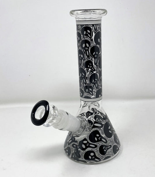 8" Thick Glass Beaker Bong Black Skull Design Glow in the Dark - Scary Faces II