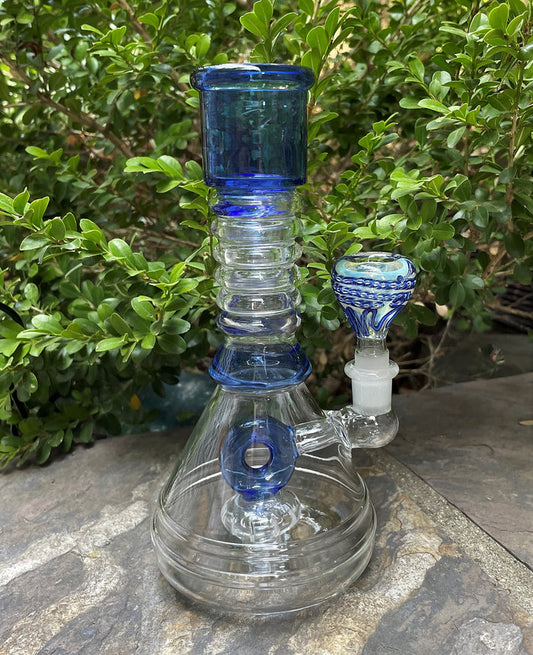 8" Thick Glass Beaker Rig w/Shower Perc - Blue Donut-in-the-Hole