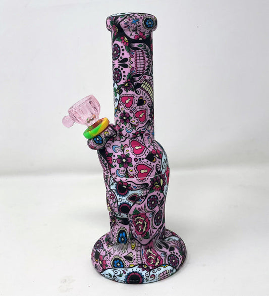 8" Thick Silicone Detachable Unbreakable Skull Bong w/Floral Graphics