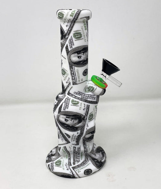 8" Thick Silicone Detachable Unbreakable Skull Bong w/Paper Money Graphics
