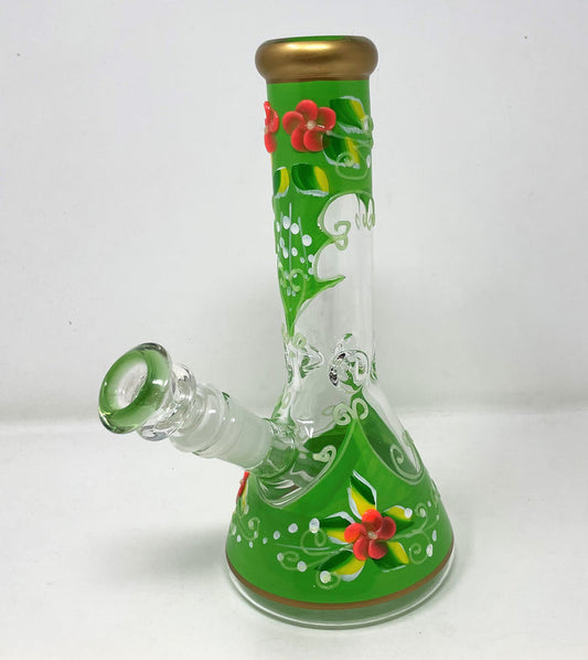 8.5" Hand Painted Flora Design & Glow in the Dark Beaker Bong - Green w/Orange Flowers