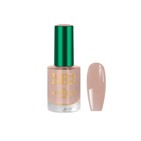 Nail polish bottle with green cap and beige nail tip color swatch on a white background