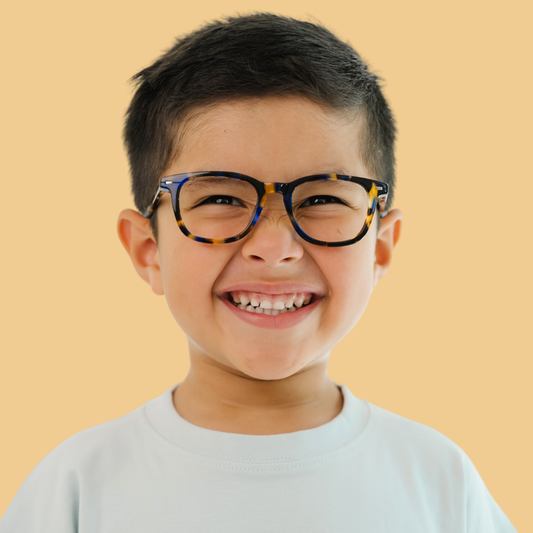 Boy wearing Small (44-17-125) / Lemon Blueberry Tortoise round glasses [variants=41828297998421] [color=Lemon Blueberry Tortoise] [size=Small (44-17-125)] [child face]