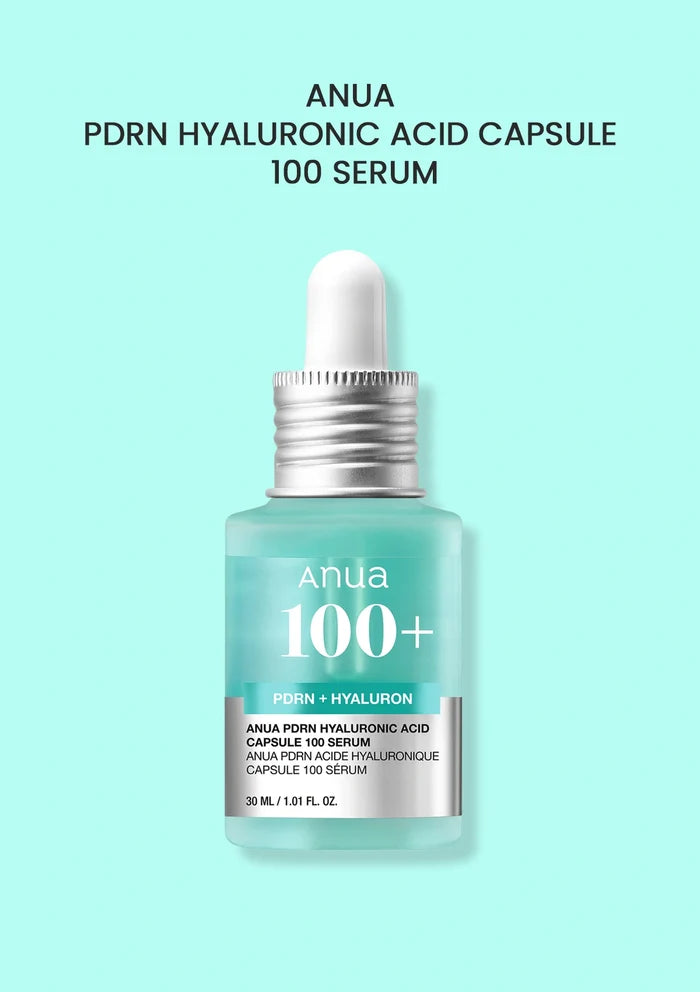 Anua PDRN Hyaluronic Acid Capsule 100 Serum bottle on a light blue background