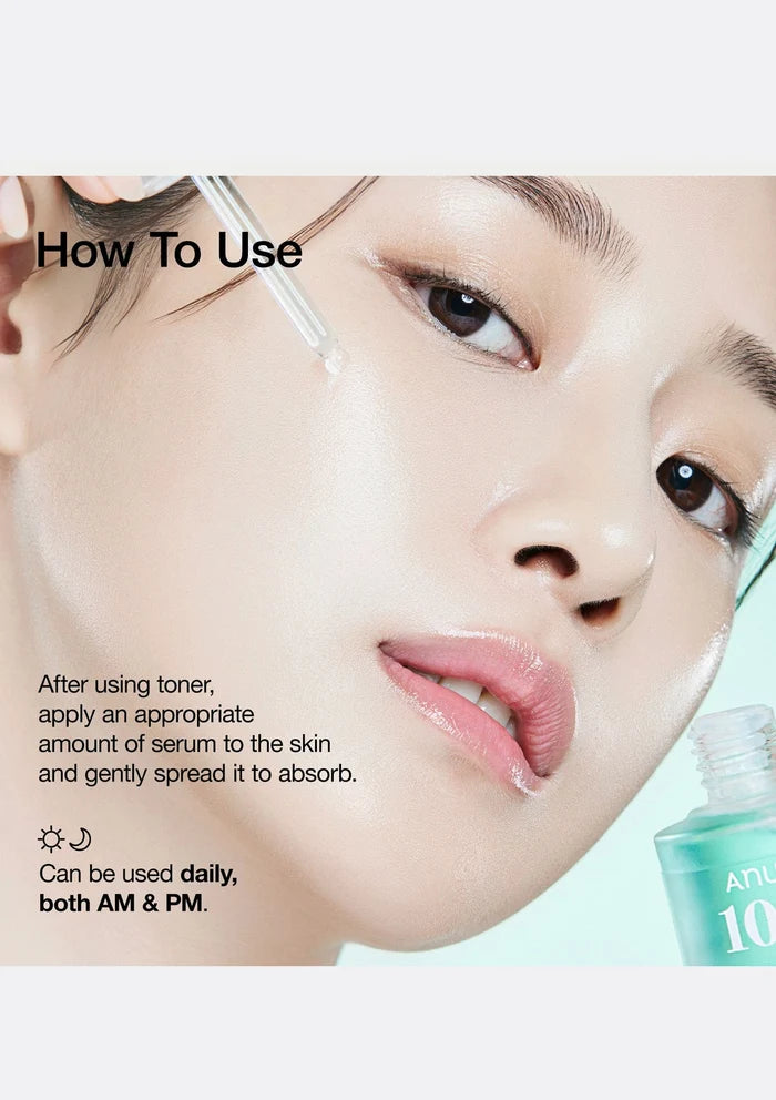 Cosmetic serum application guide with a close-up of a person's face and a bottle of serum.