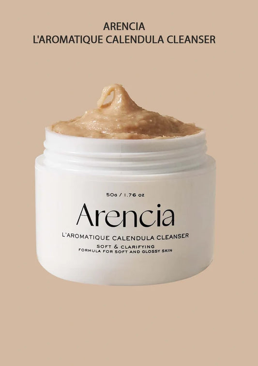 Arencia L'aromatique Calendula Cleanser jar with cream on beige background
