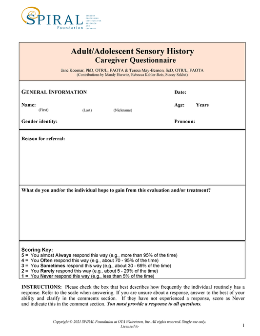 ASH: Caregiver Questionnaire 25 Pack. (Print, English)