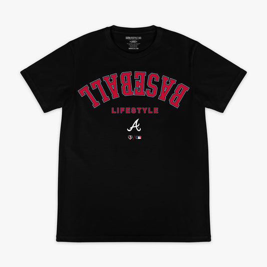 Black graphic tee with "Atlanta Braves Upside Down" design — front view