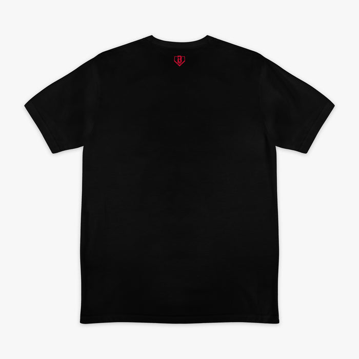 Black graphic tee with "Atlanta Braves Upside Down" design — back view