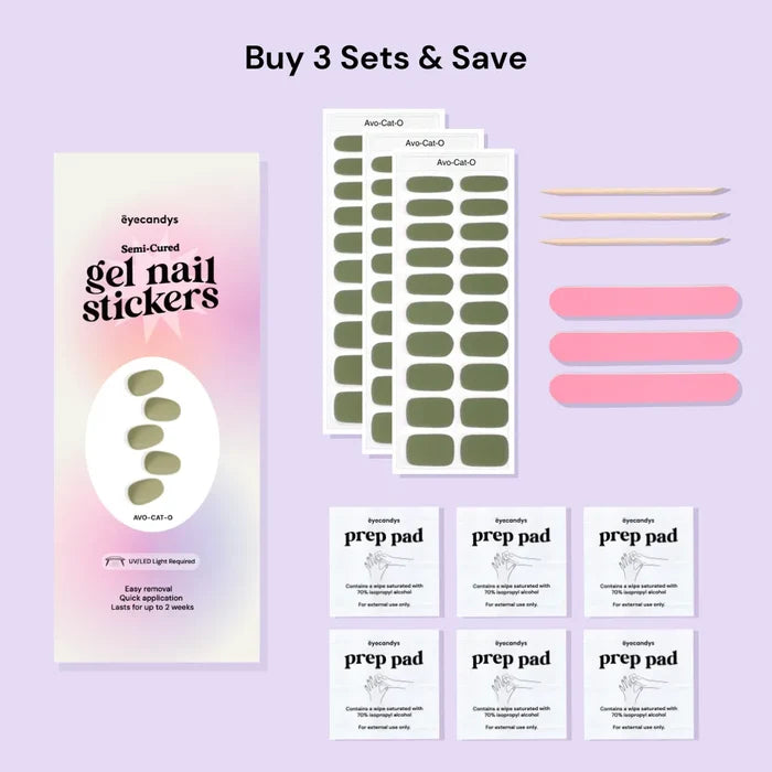 Buy 3 sets of EyeCandys Avo-Cat-O Gel Nail Stickers – includes 3 avocado green semi-cured gel sticker sets, 3 pink nail files, 3 wooden cuticle sticks, and 6 prep pads; salon-quality, quick 10-minute application, long-lasting wear, and a clean, modern nail look.