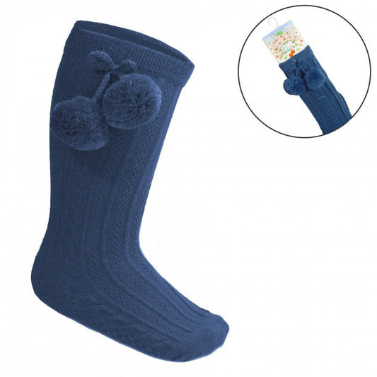 Baby Knee High Pom Pom Socks Steel Blue