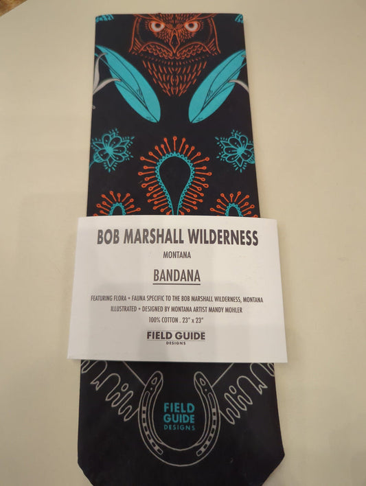 Field Guide Designs Bob Marshall Wilderness bandana featuring detailed wilderness landscape and nature-inspired patterns.