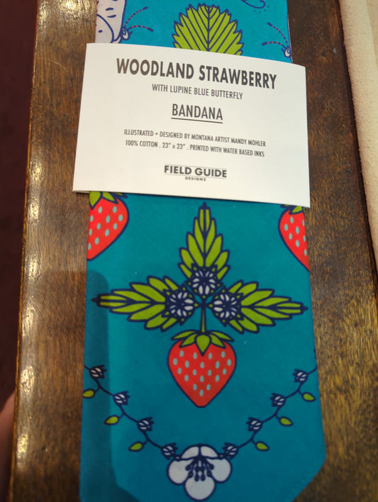 Woodland Strawberry bandana by Field Guide Designs, featuring a vibrant nature-inspired floral pattern on soft fabric.