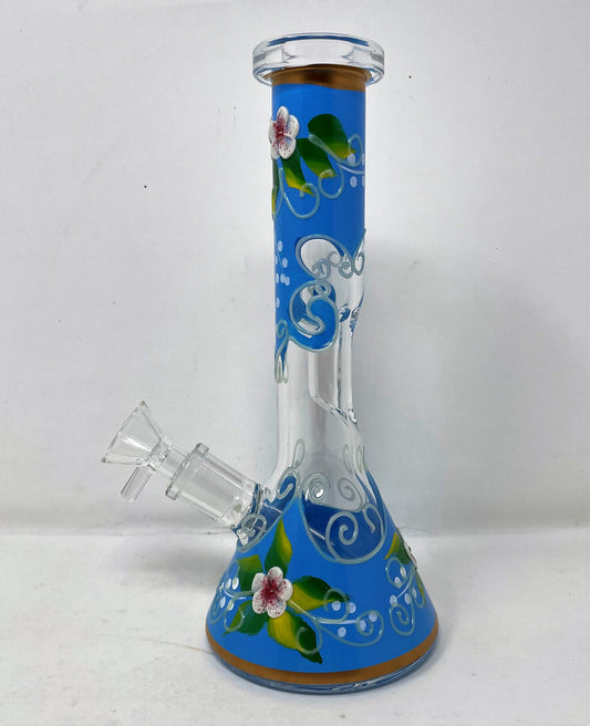Beautiful Blue Flower Design Best 8" Beaker Rig w/Glow in the dark Design