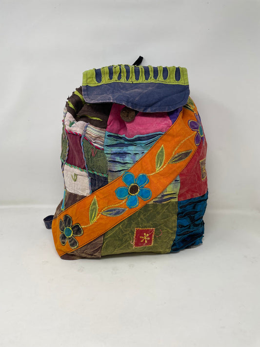 Beautiful Patch work Cotton Large Backpack - Flower Power Sash