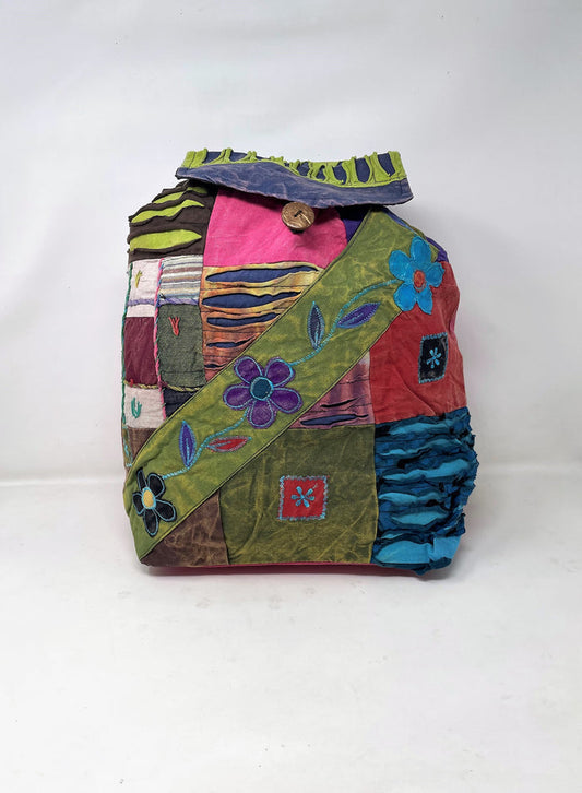 Beautiful Patch work Cotton Large Backpack - Flower Power Sash
