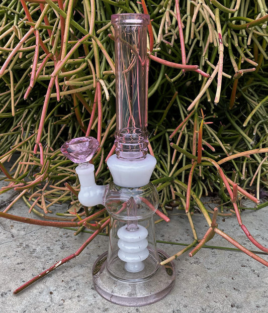 Beautiful Pink 12" Straight Thick Glass Rig Shower Perc 14mm Pink Diamond Bowl