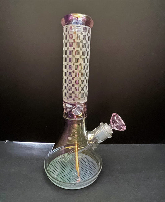Beautiful Shimmering Thick Glass13" Beaker Bong w/Pink Accent &Diamond Pink Bowl