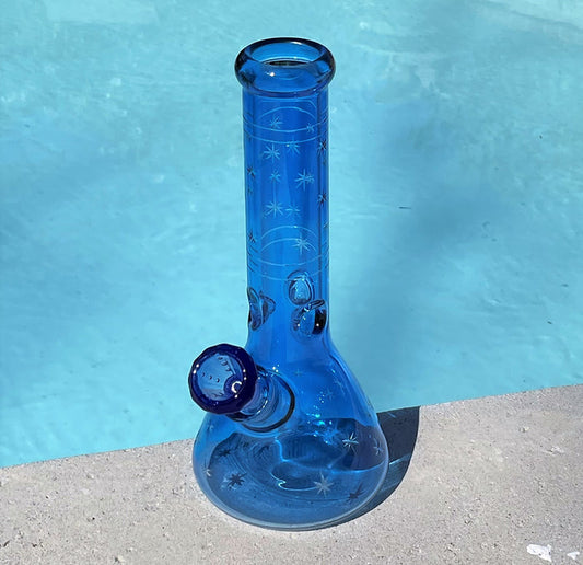 Beautiful Thick Heavy Blue Glass Best Beaker Bong w/Etched Stars