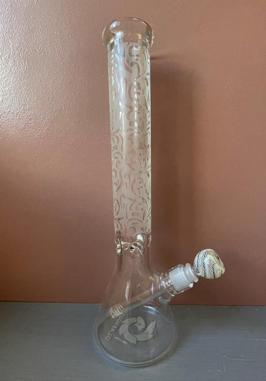 Beautiful Thick Heavy Glass 16" Beaker Bong w/Etched Design