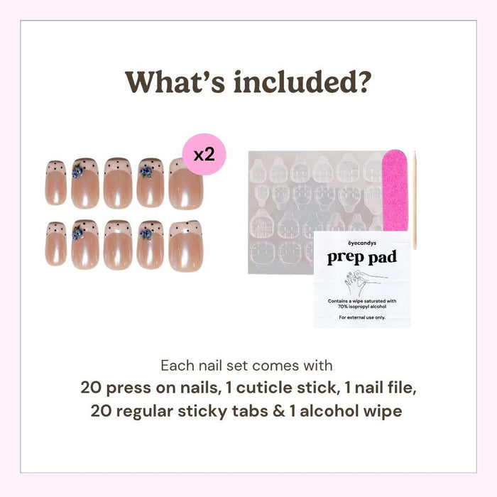 Eyecandys press-on nail kit contents including 20 reusable press-on nails, 20 adhesive sticky tabs, a nail file, a cuticle stick, and an alcohol wipe for easy at-home application.