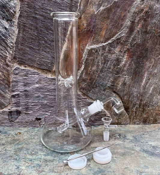 Best Thick Clear Glass 12" Beaker Bong includes Quartz Banger, Tool, Silicon Container & Bowl - All Clear