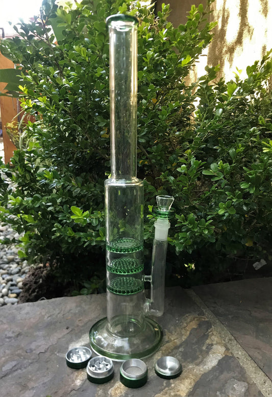 Best Thick Glass 3 Honey Comb Perc's 16" Rig 4 Part Grinder 14mm Slide Bowl - Tri Level High