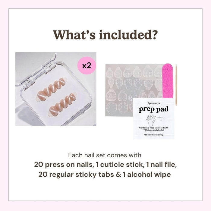 EyeCandys press on nails kit showing 20 reusable nails, cuticle stick, nail file, 10 sticky tabs, and alcohol wipe included in every set.