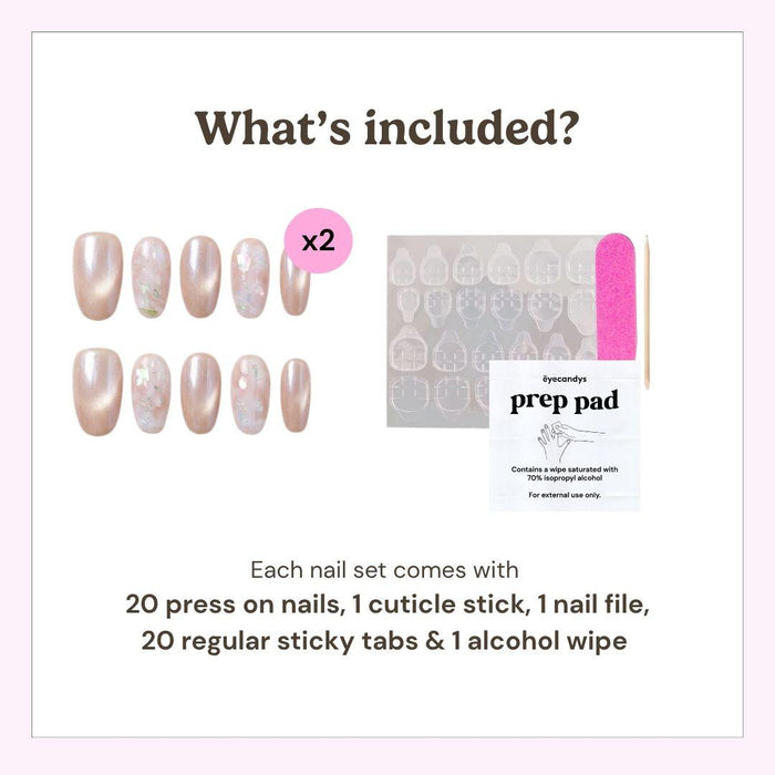 Eyecandys press-on nail kit contents including 20 reusable press-on nails, 20 adhesive sticky tabs, a nail file, a cuticle stick, and an alcohol wipe for easy at-home application.