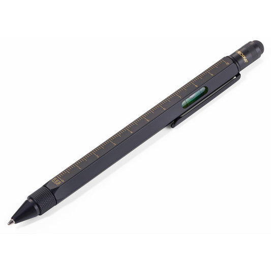 Black ballpoint measuring pen with ruler markings and built-in bubble level