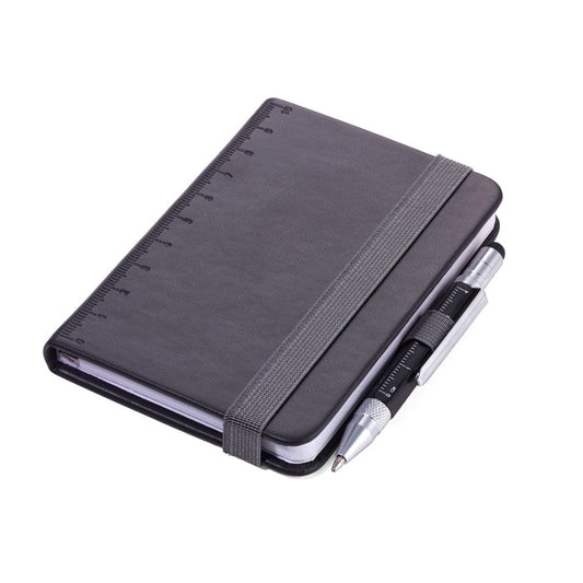 Charcoal mini notebook with pen, elastic strap, ruler markings on cover