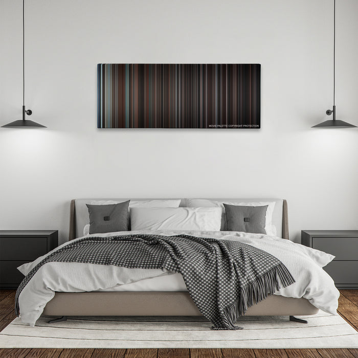 Devil color palette canvas above a bed, between two black pendant lamps