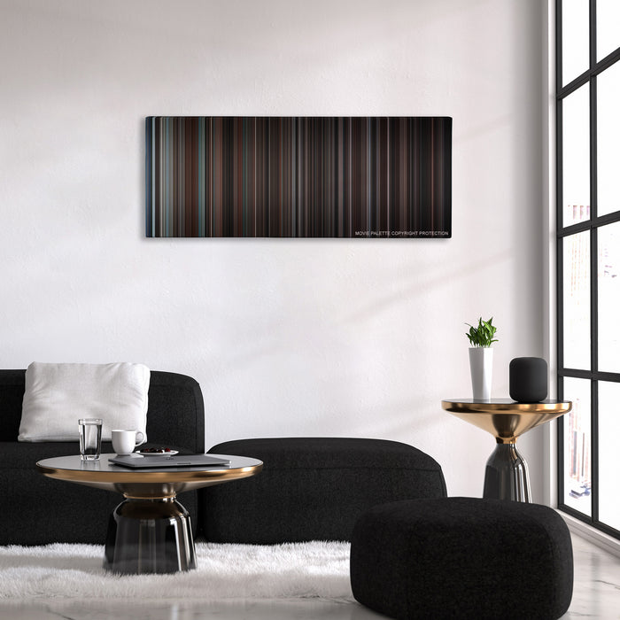 Devil color palette canvas above a black sofa with a gold-topped table