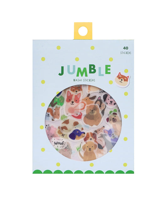 Front of 40-piece dog washi sticker pack titled JUMBLE with collage inside