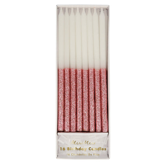 Set of 16 birthday dipped candles in a gift box, white w/ dusty pink glitter tips