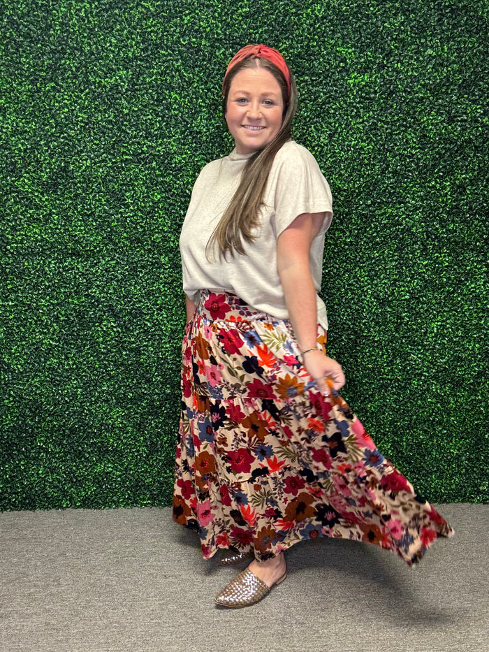 Easel Floral Velvet Tiered Maxi Skirt