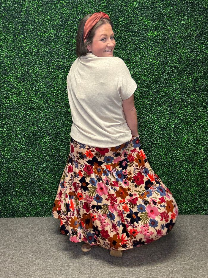 Easel Floral Velvet Tiered Maxi Skirt