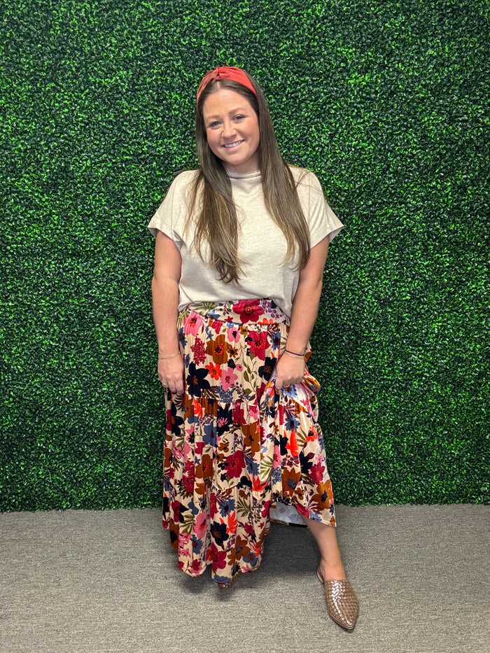 Easel Floral Velvet Tiered Maxi Skirt