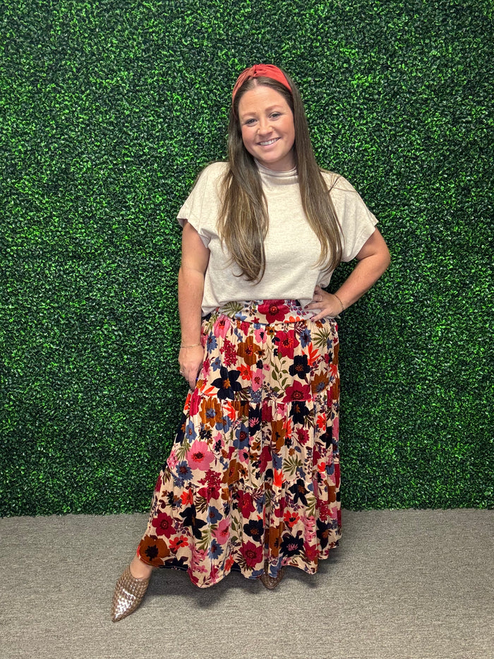 Easel Floral Velvet Tiered Maxi Skirt